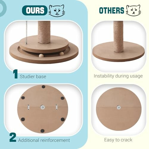 Comparison of cat tree bases showing sturdier design versus less stable one.