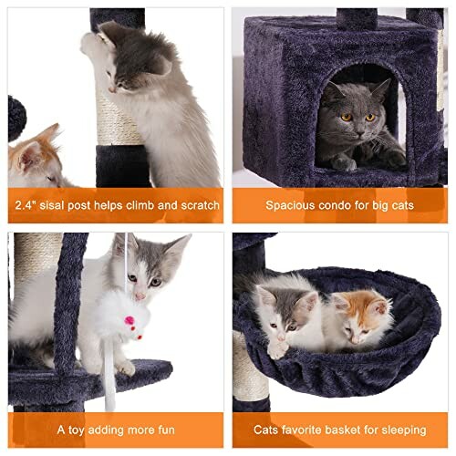 Cats playing in a multi-level cat tree with sisal posts, condo, toy, and basket