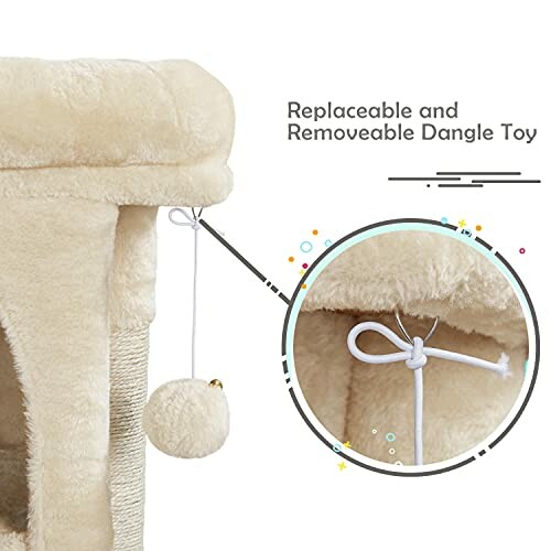 Close-up of a cat tree with a replaceable dangle toy.