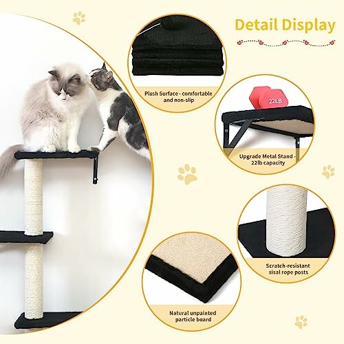 Cats on a multi-level cat tree with product features highlighted.
