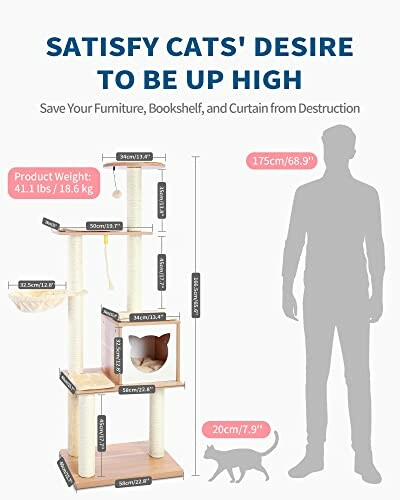 Cat tree dimensions compared to human and cat size.