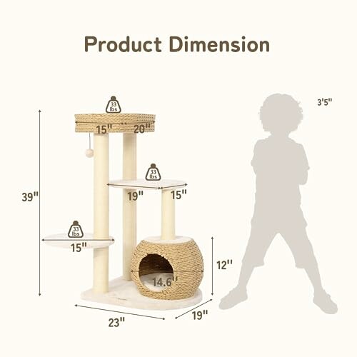 Cat tree with dimensions and child silhouette for size comparison.
