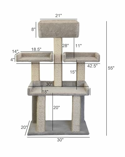 Multi-level cat tree with detailed dimensions for each section.