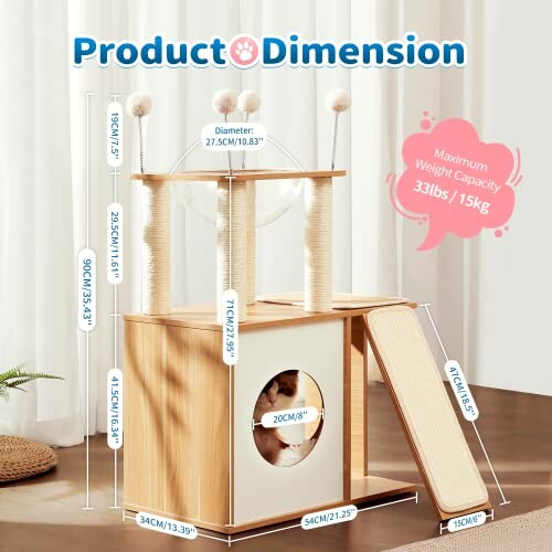 Cat tree with detailed dimensions and weight capacity