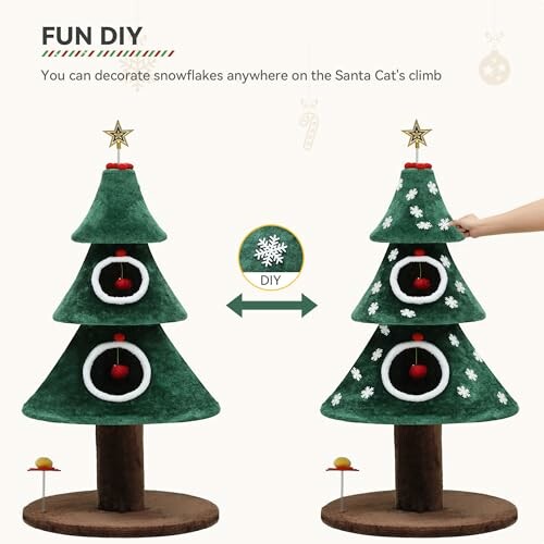 A two-tier cat tree shaped like a Christmas tree with DIY snowflake decorations.
