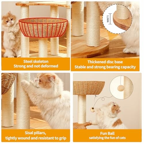 Cats interacting with a sturdy cat tree featuring sisal pillars, disc base, and fun ball.