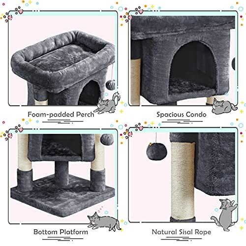 Cat tree with foam-padded perch, spacious condo, bottom platform, and natural sisal rope.