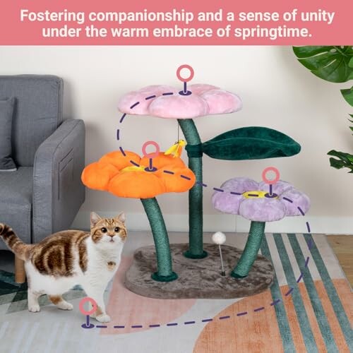 Cat exploring a flower-shaped cat tree with three platforms.
