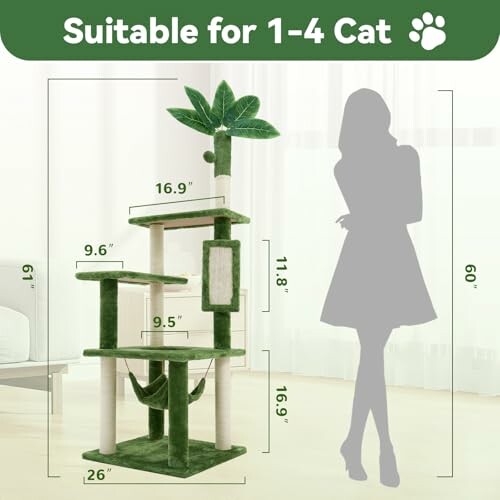 Green cat tree with measurements and silhouette comparison.