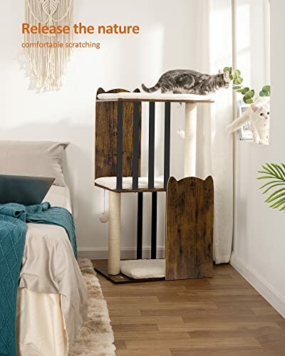 Cat playing on multi-level cat tree near a window, demonstrating the cat tree's ability to fit into any home decor.