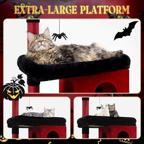 Cats lounging on an extra-large platform cat tree with Halloween decorations, showcasing the comfort and spaciousness of the cat tower.