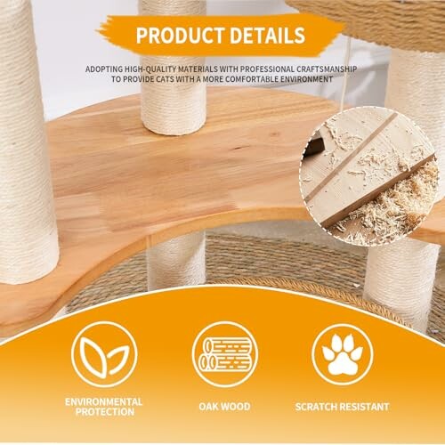 Cat tree product details featuring oak wood and scratch resistance.