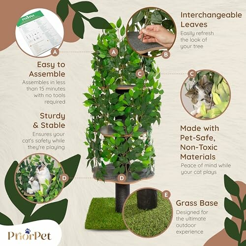 Cat tree with interchangeable leaves, easy assembly, sturdy base, pet-safe materials, and grass base.