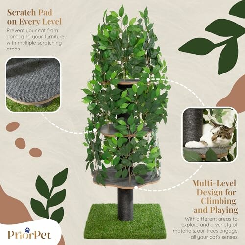 Multi-level cat tree with scratching pads and green leaves.
