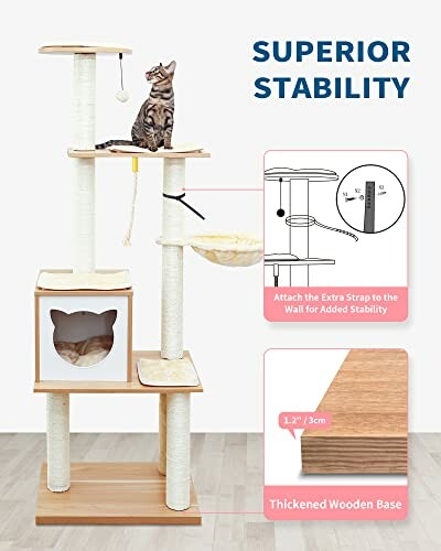 Cat on multi-level cat tree with stability features.
