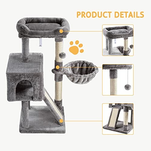 Cat tree tower with multiple levels, toys, and scratching posts.