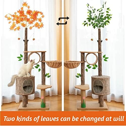 Cat tree with interchangeable autumn and spring leaves.