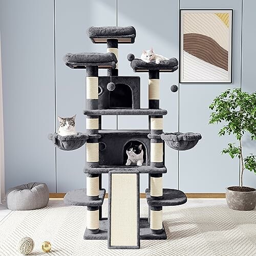 Three cats on a multi-level cat tree in a living room.
