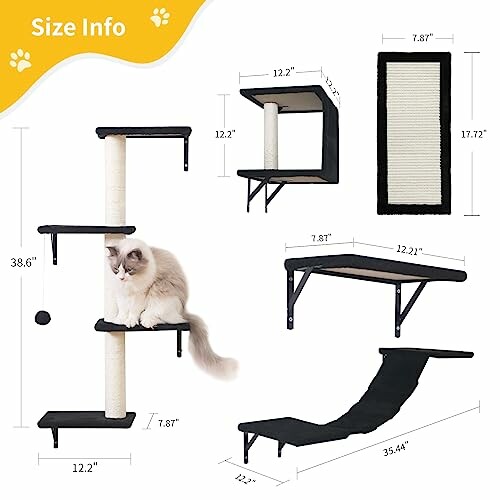 Cat on multi-level wall-mounted cat furniture with dimensions.