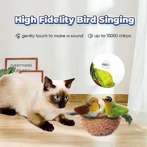 Cat watching two bird toys in a nest with high fidelity bird singing feature.