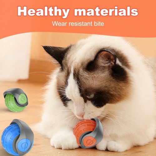 Cat playing with colorful toy balls, promoting healthy materials.