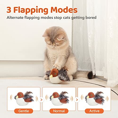 Cat playing with a flapping bird toy showing three modes: Gentle, Normal, Active.