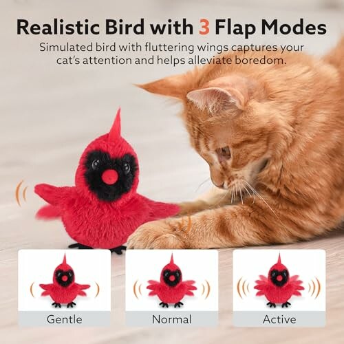 Cat interacting with a realistic bird toy featuring three flap modes.
