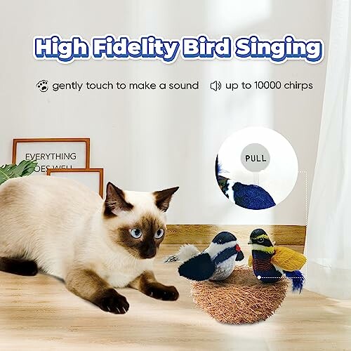 Cat observing toy birds on a nest with text about sound feature.