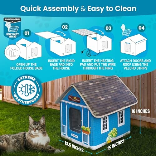 Cat lying near a blue weatherproof house with assembly instructions.