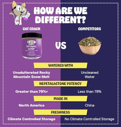 Comparison chart of Cat Crack vs Competitors highlighting differences in water source, nepetalactone potency, origin, and storage.