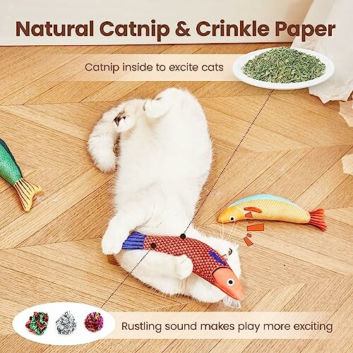 Cat playing with fish-shaped toy containing catnip and crinkle paper.