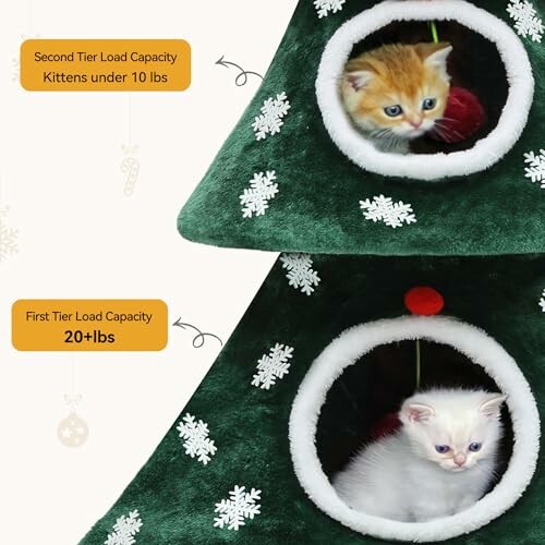 Two kittens in a Christmas tree-shaped cat house.