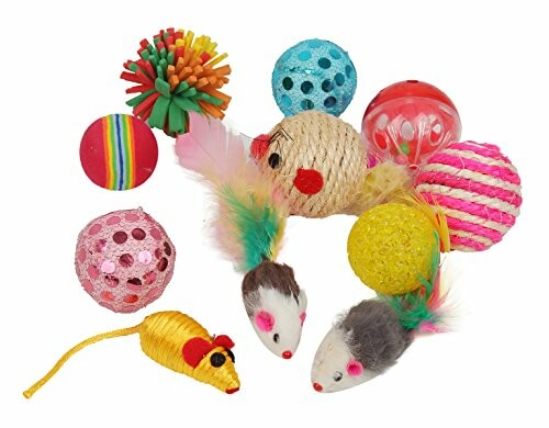 Assorted colorful cat toys including balls and toy mice.