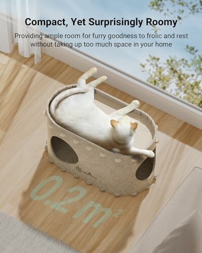 Cat lounging in a compact, spacious pet bed near a window.