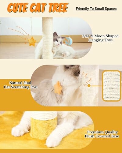 Cat tree with hanging toys, sisal scratching post, and plush base.