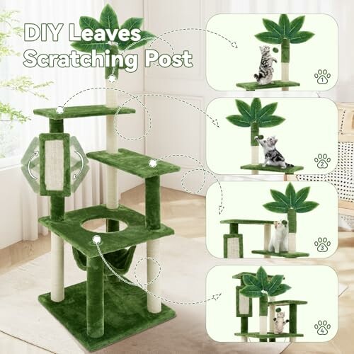 Green cat scratching post with leaf design and multiple platforms.