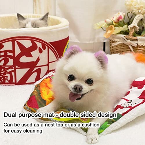 Dog and cat with dual purpose mat, double sided design, highlighting the bed's versatility and comfort.
