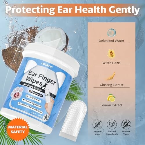 Ear finger wipes for dogs and cats with natural ingredients.