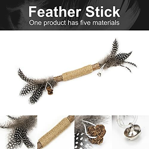 Feather stick cat toy with five materials, including feathers and a bell.