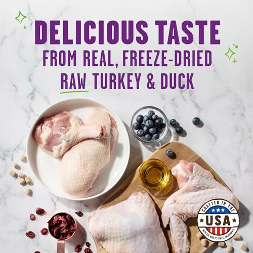 Ingredients with turkey, duck, blueberries, and cranberries on marble surface.