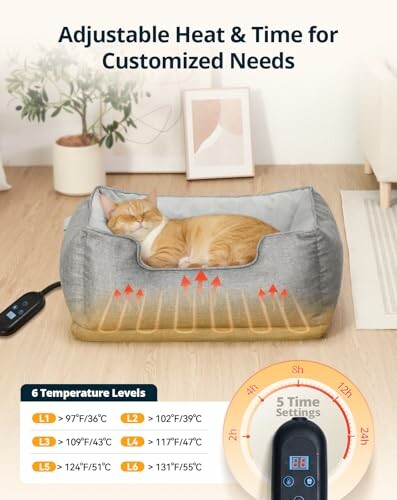 Cat sleeping in heated bed with adjustable temperature and time settings.