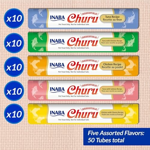 Inaba Churu cat treats in five assorted flavors, 50 tubes total.