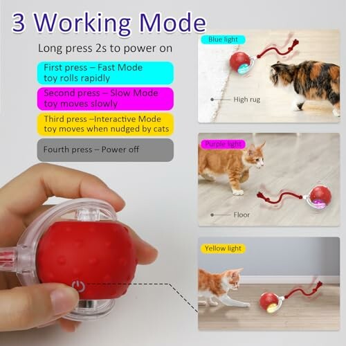 Instructions for a cat toy with three light modes: blue for high rug, purple for floor, yellow for interactive mode.