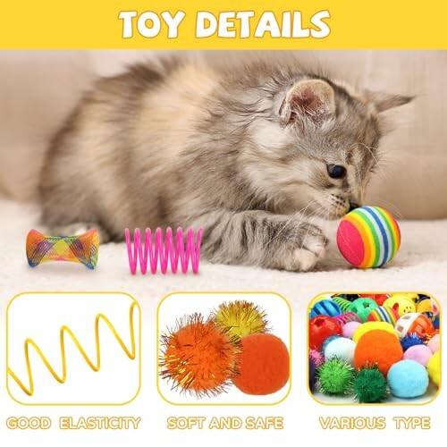 Kitten playing with colorful toys, showcasing elasticity, softness, and variety.