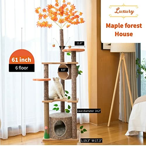 Cat tree with six floors and maple tree design, featuring a cat sitting on a platform.