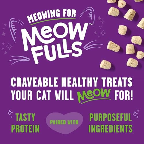 Meowfulls cat treats advertisement with tasty protein and purposeful ingredients.