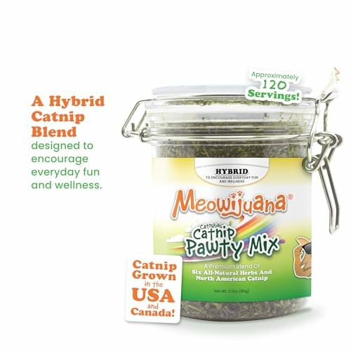 Jar of Meowijuana Catnip Pawty Mix with label and text.