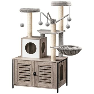 Multi-level cat tree with sisal posts, platforms, and hammock.