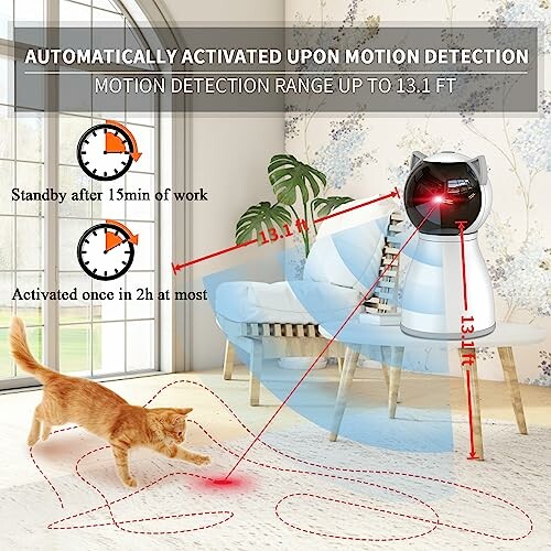Motion-activated pet toy with motion detection up to 13.1 ft, showing a cat playing.