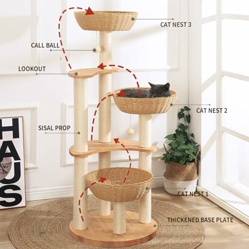 Multi-level cat tree with baskets and sisal posts for scratching.
